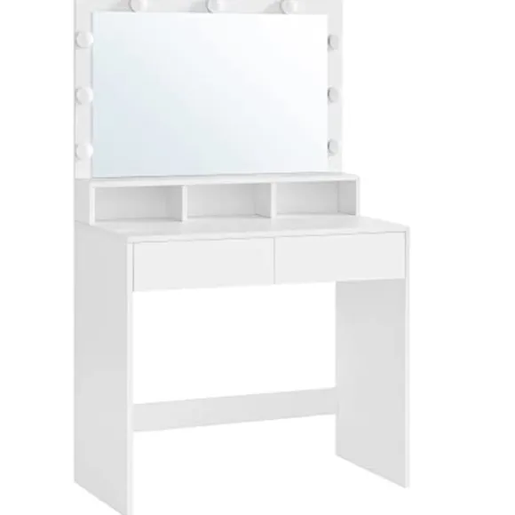 Toiletbord Vanity Table med 9 LED-pærer og spejl, justerbar lysstyrke, 2 skuffer og 3 åbne rum, moderne hvid