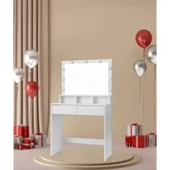 Toiletbord Vanity Table med 9 LED-pærer og spejl, justerbar lysstyrke, 2 skuffer og 3 åbne rum, moderne hvid