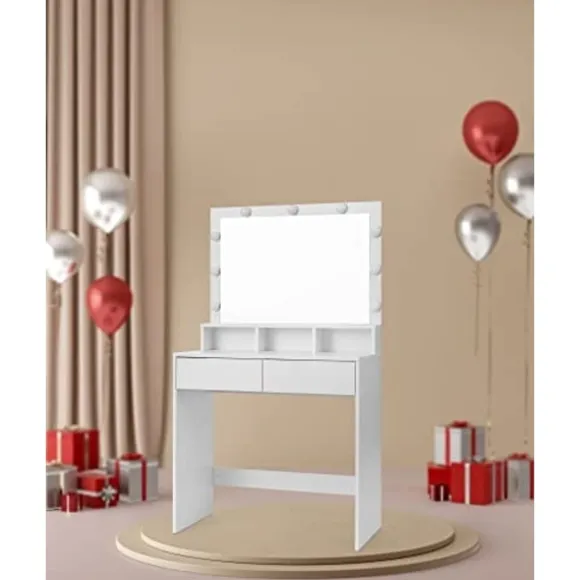 Toiletbord Vanity Table med 9 LED-pærer og spejl, justerbar lysstyrke, 2 skuffer og 3 åbne rum, moderne hvid