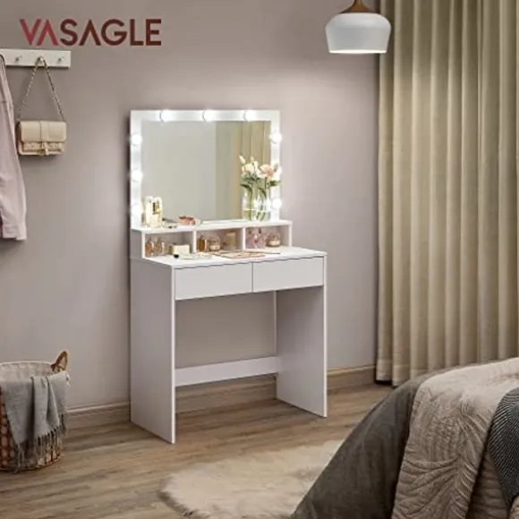 Toiletbord Vanity Table med 9 LED-pærer og spejl, justerbar lysstyrke, 2 skuffer og 3 åbne rum, moderne hvid