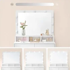 Toiletbord Vanity Table med 9 LED-pærer og spejl, justerbar lysstyrke, 2 skuffer og 3 åbne rum, moderne hvid
