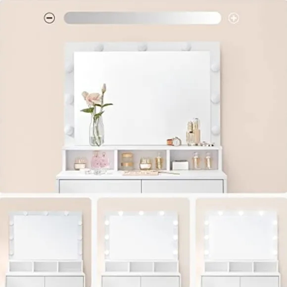 Toiletbord Vanity Table med 9 LED-pærer og spejl, justerbar lysstyrke, 2 skuffer og 3 åbne rum, moderne hvid