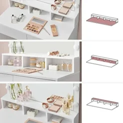 Toiletbord Vanity Table med 9 LED-pærer og spejl, justerbar lysstyrke, 2 skuffer og 3 åbne rum, moderne hvid