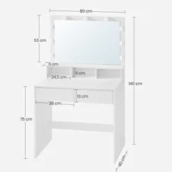 Toiletbord Vanity Table med 9 LED-pærer og spejl, justerbar lysstyrke, 2 skuffer og 3 åbne rum, moderne hvid