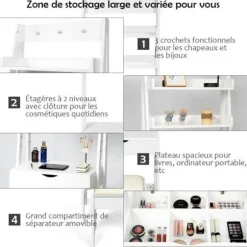 Toiletbord/sminkebord med moderne spejl med skammel og 2 hylder Hvidt MDF kosmetikbord til soveværelse Vit