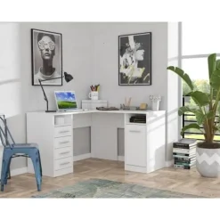 TOLEDE Hjørneskrivebord 1 låge 4 skuffer - Hvid papirdekor - L 125 x D 125 x H 75 cm Vit