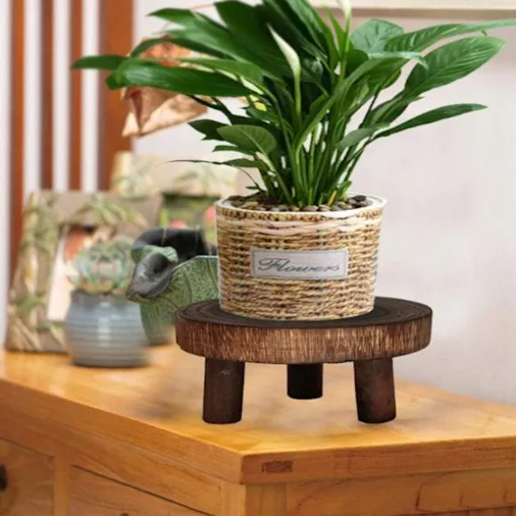 Træ Mini Pall Display Stand, dekorativ rund piedestal, mørk