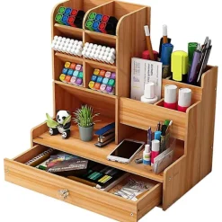 Træ Skrivebordsarrangør DIY Desktop Tidy Pen Holder Stor Kapacitet