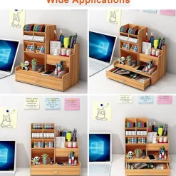 Træ Skrivebordsarrangør DIY Desktop Tidy Pen Holder Stor Kapacitet
