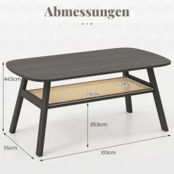 Træ sofabord med rattanhylde, 2-lags, 100x55x44,5 cm