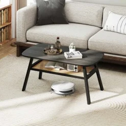 Træ sofabord med rattanhylde, 2-lags, 100x55x44,5 cm