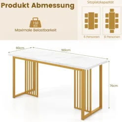 Træ spisebord 160 x 60 cm rektangulært køkkenbord med marmor look og metal ben hvid + guld