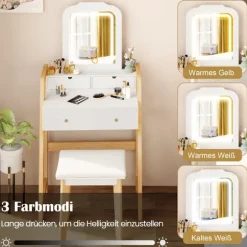 Træ vaskebord med spejl, skammel & 3 skuffer, hvid