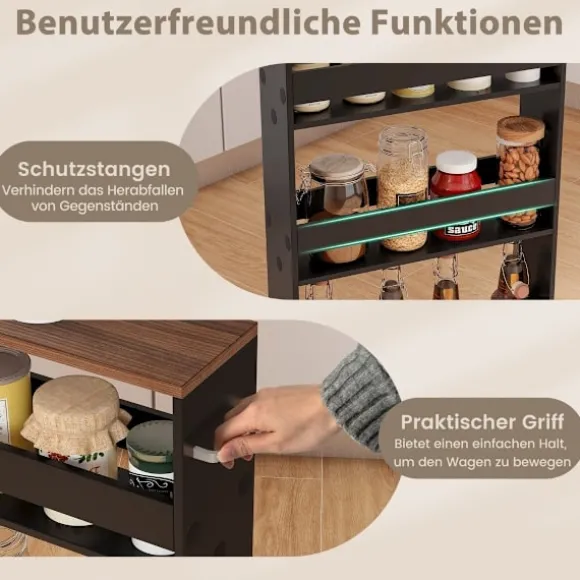 4-trins rullende køkkenvogn med håndtag, sort og brun