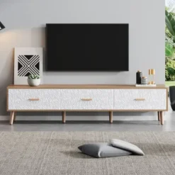 TV Lowboard 150x35x39cm Vintage Design, TV-skab Lavet af Lyst Træ med Hvid Dør, Til Stue & Soveværelse White + Wood
