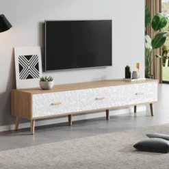 TV Lowboard 150x35x39cm Vintage Design, TV-skab Lavet af Lyst Træ med Hvid Dør, Til Stue & Soveværelse White + Wood