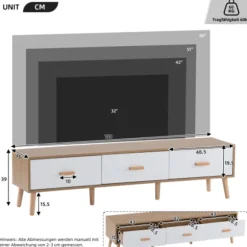 TV Lowboard 150x35x39cm Vintage Design, TV-skab Lavet af Lyst Træ med Hvid Dør, Til Stue & Soveværelse White + Wood