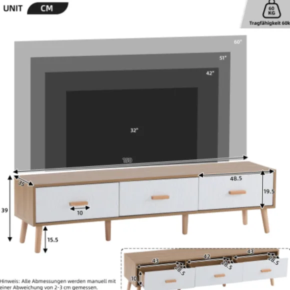 TV Lowboard 150x35x39cm Vintage Design, TV-skab Lavet af Lyst Træ med Hvid Dør, Til Stue & Soveværelse White + Wood
