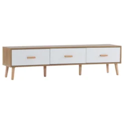 TV Lowboard 150x35x39cm Vintage Design, TV-skab Lavet af Lyst Træ med Hvid Dør, Til Stue & Soveværelse White + Wood