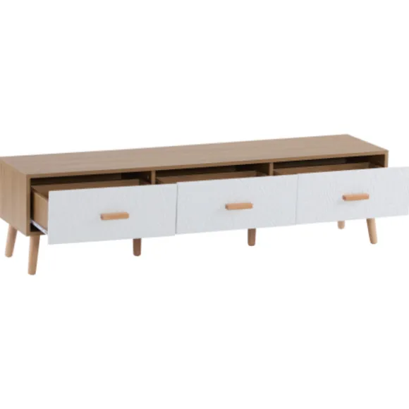 TV Lowboard 150x35x39cm Vintage Design, TV-skab Lavet af Lyst Træ med Hvid Dør, Til Stue & Soveværelse White + Wood