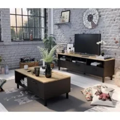 TV skab + OXFORD sofabord sæt - Industriel stil - Sort eg melamin - Sofabord: L110 cm og TV skab 159 cm Black-Oak