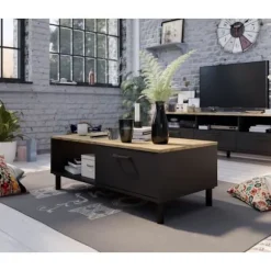 TV skab + OXFORD sofabord sæt - Industriel stil - Sort eg melamin - Sofabord: L110 cm og TV skab 159 cm Black-Oak