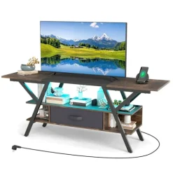 TV-bänk med inbyggd laddstation och LED-belysning - Sort/Brun
