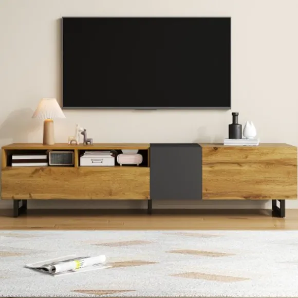 TV-bord højglans sort/hvid med LED-lys, stilfulde døre og skuffer, lavt skab Black
