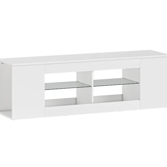 TV-bord med 6 hylder, 2 glashylder, 140 cm, hvid