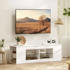 TV-bord med 6 hylder, 2 glashylder, 140 cm, hvid