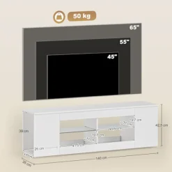 TV-bord med 6 hylder, 2 glashylder, 140 cm, hvid
