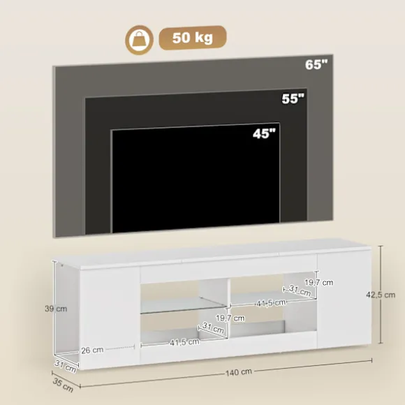 TV-bord med 6 hylder, 2 glashylder, 140 cm, hvid