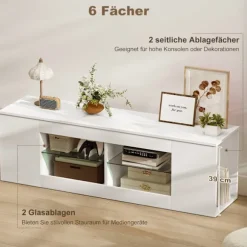 TV-bord med 6 hylder, 2 glashylder, 140 cm, hvid