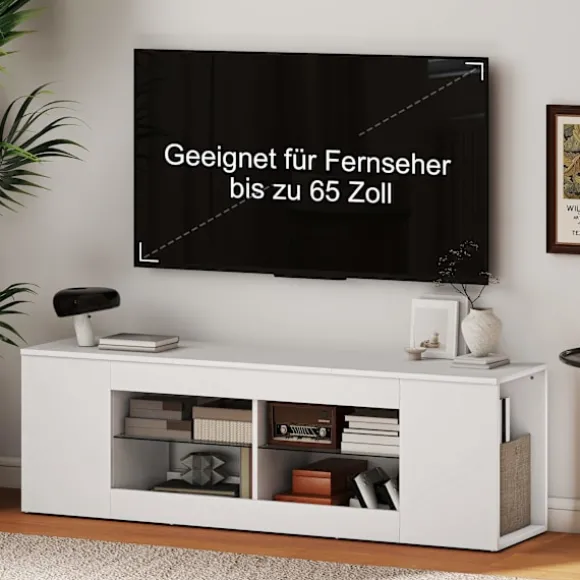 TV-bord med 6 hylder, 2 glashylder, 140 cm, hvid