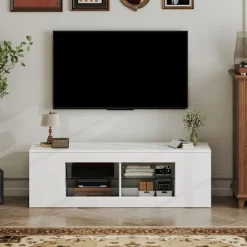 TV-bord med 6 hylder, 2 glashylder, 140 cm, hvid