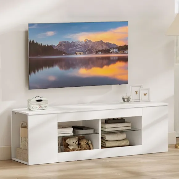 TV-bord med 6 hylder, 2 glashylder, 140 cm, hvid