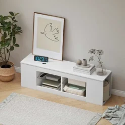 TV-bord med 6 hylder, 2 glashylder, 140 cm, hvid