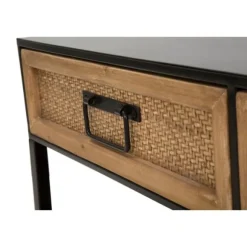 TV-bord, sort metal, 2 træskuffer, rattanstil