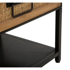 TV-bord, sort metal, 2 træskuffer, rattanstil