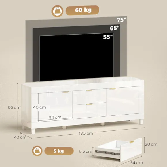TV-bord til 75" TV, højglans hvid, 180 cm, 2 skabe