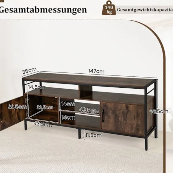 TV-bord til 65" TV med 2 skabe og 4 hylder, rustik brun