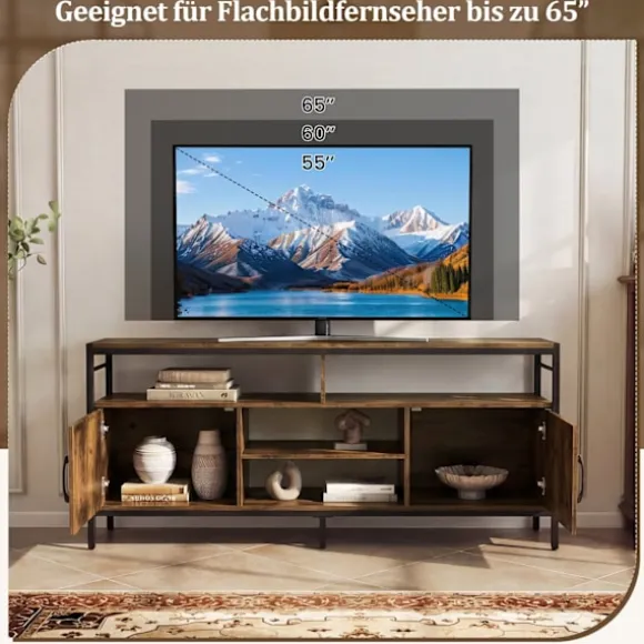 TV-bord til 65" TV med 2 skabe og 4 hylder, rustik brun