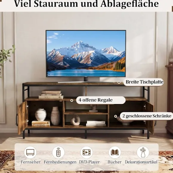 TV-bord til 65" TV med 2 skabe og 4 hylder, rustik brun
