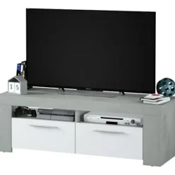 TV-møbel - AMBIT - Beton-effekt / Hvid Artik - 2 døre - 2 nicher - 120 x 42 x 40 cm BETONG OCH VITT ARTIKEL