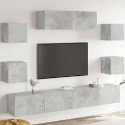 TV-møbel - Eksklusivt hjem - Betongrå - Væghængt design - Ingeniørtræ - 7 dele Betonggrå