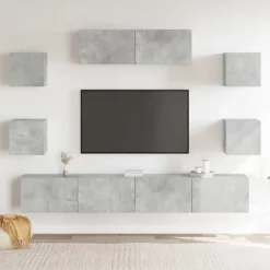 TV-møbel - Eksklusivt hjem - Betongrå - Væghængt design - Ingeniørtræ - 7 dele Betonggrå