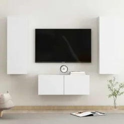 TV-møbel - Eksklusivt hjem - Sæt med 3 dele - Mat hvid - Ingeniørtræ - Væghængt Matt vit