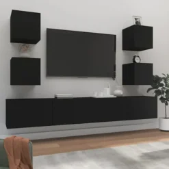 TV-møbel - Eksklusivt hjem - Ingeniørtræ - Væghængt design - Stort opbevaring Svart