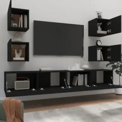 TV-møbel - Eksklusivt hjem - Ingeniørtræ - Væghængt design - Stort opbevaring Svart
