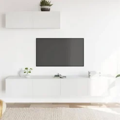TV-møbel - Sæt af 3 TV-møbler - Hvid - Fugtbestandig ingeniørtræ - Væghængt design, stor opbevaring Vit